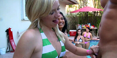Pool party girls suck stranger cock as it comes around to them