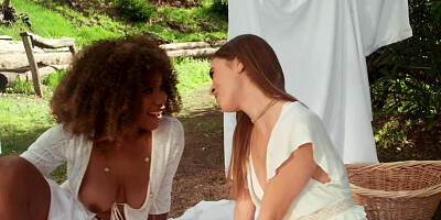 Hanging laundry outdoors chocolate bonk the white girlfriend