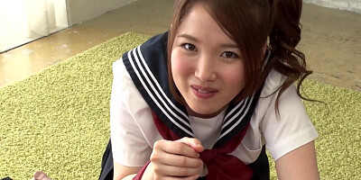 Oriental girl in uniform allows lover to touch boobies and sucks