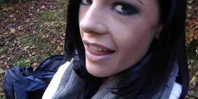 Brunette slut gets her vagina fucked right in the public forest