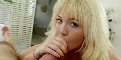 Blonde spits on a cock and she licks it like a pro close up