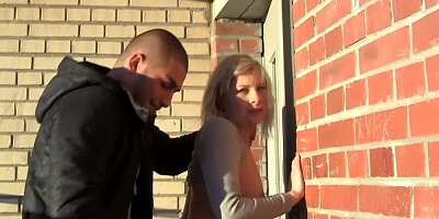 Two friends fuck a blonde on the deck of their flat