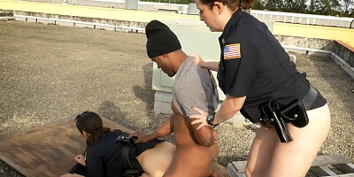 Two curvy girls and a guy are fucking on the rooftom