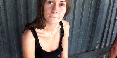 A slim brunette with small tits is paid to have a threesome