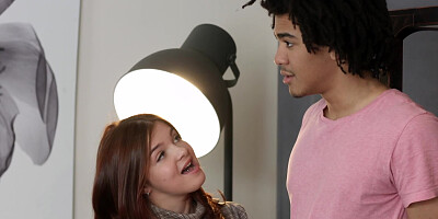 Ebony guy watches how bald friend fucks his red-haired GF