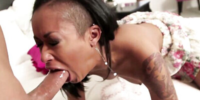 An awesome ebony brunette Skin Diamond gets her mouth fucked