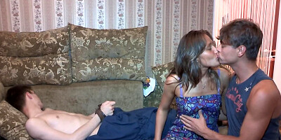 Cruel girl is cheating boyfriend right there before his eyes