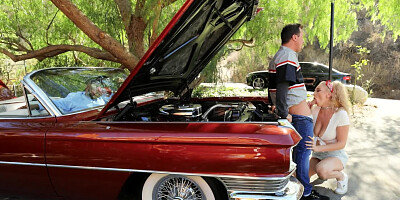 Kendra Sunderland sucks a big cock outside and gets fucked