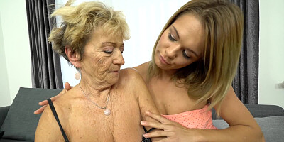 Old and young lesbian act of sex-hungry granny and teen chick
