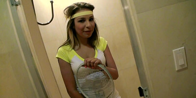 Playful cute teeny seduces hung coach in men's bathroom