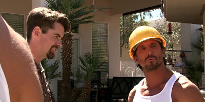 Several construction dudes fuck the annoying bitch sitting by the pool
