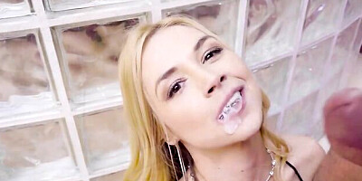 Big-boobed blonde Sarah Vandella swallows a long black penis