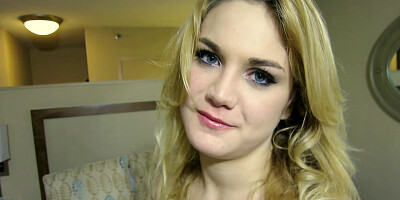 Adorable teen with blue eyes and golden hair is giving a blow job