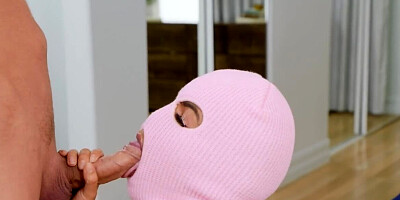 Masked broad is blowing and banging endowed man