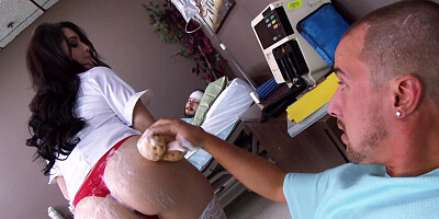 Whore in nurse uniform does her slutty job in a best way