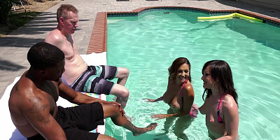 Interracial foursome fun with a pair of hot bikini sluts