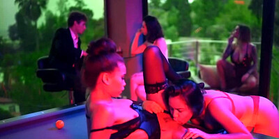 Two amazing babes are having lesbian sex at the pool table