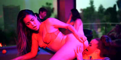 Two amazing babes are having lesbian sex at the pool table