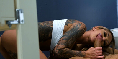Bathroom stall hardcore sex for busty tattooed blonde