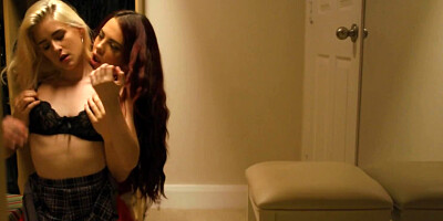 Two hot teen girls are having lesbian fun by the mirror