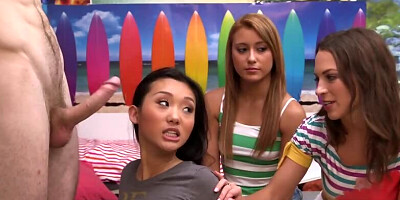 Three cock-hungry girls are showing blowjob skills on a guy