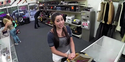 Hot natural busted college girl sells an exotic dance at pawn shop