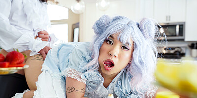 Naughty kitchen cosplay makes Asian beauty wanna swallow