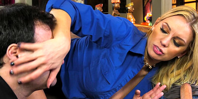 Cuckold humbly watches tattooed male fucking busty blonde wife