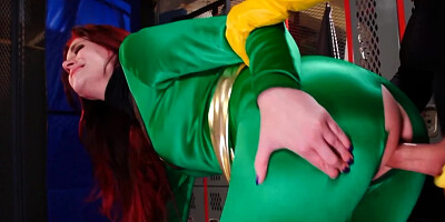 Naughty redhead girl is fucked through a hole on her costume
