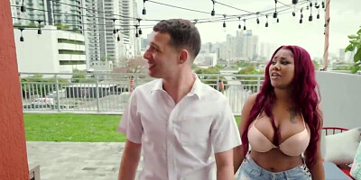 BBW ebony redhead bounces on a giant white johnson