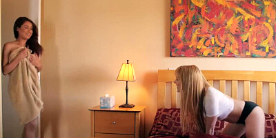 Blonde and brunette kiss, masturbate, and perform scissoring