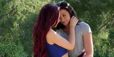 Walk ends for redhead and brunette with passionate lesbian sex