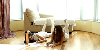 Two sexy girls are fond with stepfather