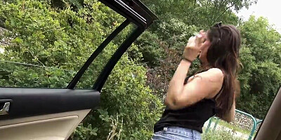 He stops the car so that he can fuck her from behind