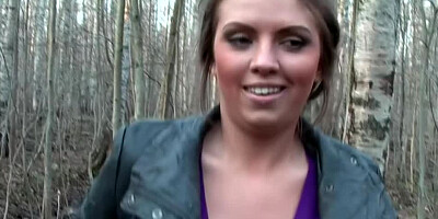 Sexy bitch is sucking two dicks in the forest in a hot threesome