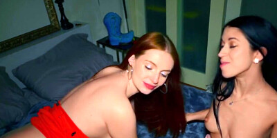 Brunette and bestie with red hair enjoy midnight threesome sex