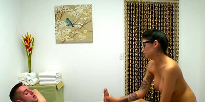 Nerdy Asian masseuse with big tits earns extra cash having sex