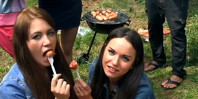 Naughty babes merge bodies and start touching pussies at picnic