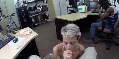 Curly guy is watching his Girlfriend pussy being fucked by the pawnshop pervert owner