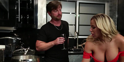 A girl with large tits is in the kitchen, getting fucked hard