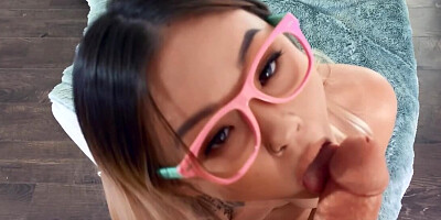 Nerdy Asian teen with nipple piercing sucks cock on the camera