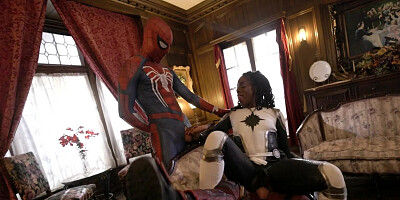 Deadpool and Spider Man double team a kinky hottie in an MMF