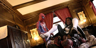 Deadpool and Spider Man double team a kinky hottie in an MMF