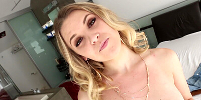 A blonde opens up her mouth and her pussy to take in a big cock