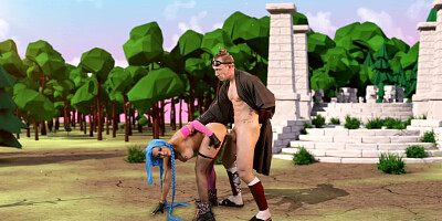 Video game porn parody with a blue haired slut