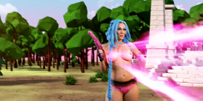 Video game porn parody with a blue haired slut