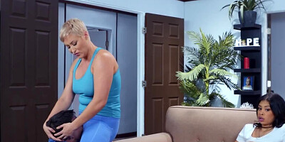 Short-haired MILF drags Ebony stepdaughter and her BF into sex