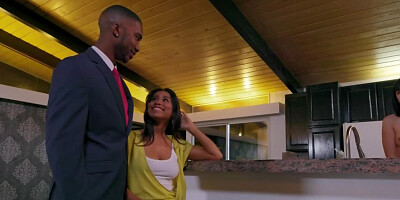 Eccentric black couple makes love in front of naked white maid