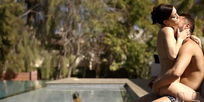 Romantic sex by the pool made the brunette bombshell cum