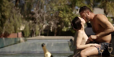Romantic sex by the pool made the brunette bombshell cum